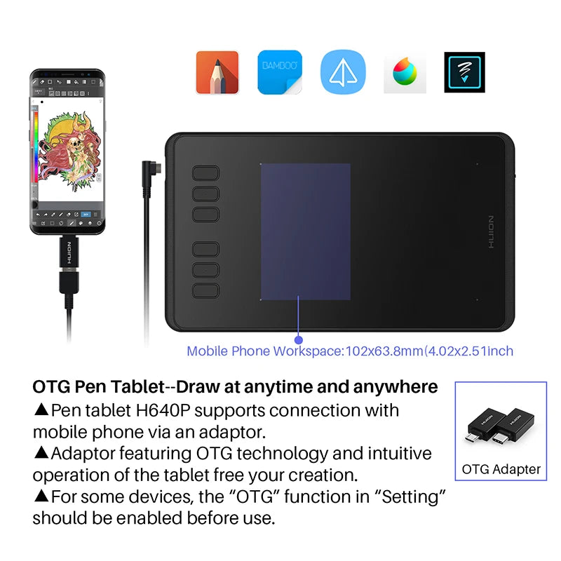 HUION H640P Drawing Graphics Tablets with 6 Press Keys Battery-Free Pen Tablet 8192 Levels Pressure Android Phone OTG Connection
