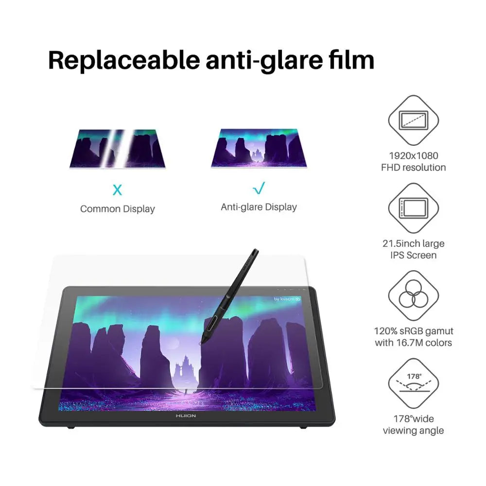 21.5 Inches HUION Kamvas 22 Graphic Pen Tablet Monitor Pen Display Anti-glare Screen 120%s RGB Windows Mac And Android Device