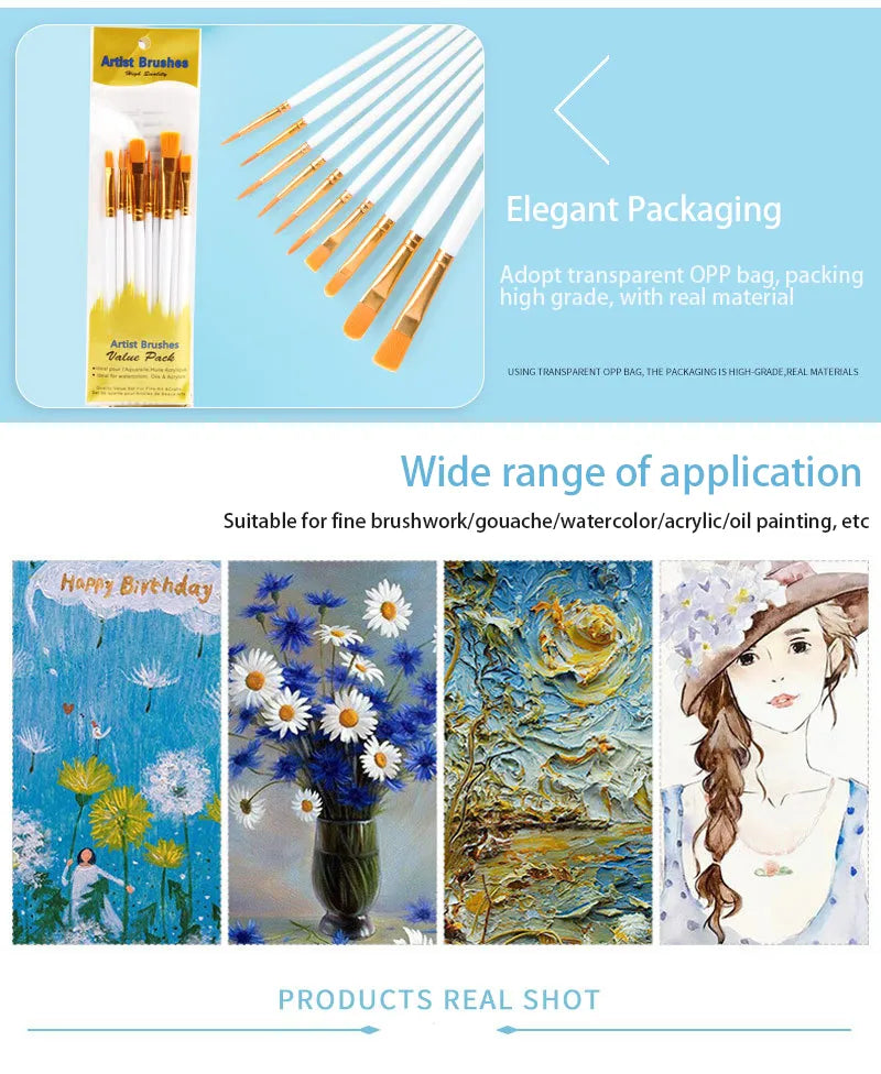 10pcs Professional Paint Brushes Set for Artist Nylon Hair Point Plastic Handle for Oil Watercolor Gouache Acrylic Art Painting
