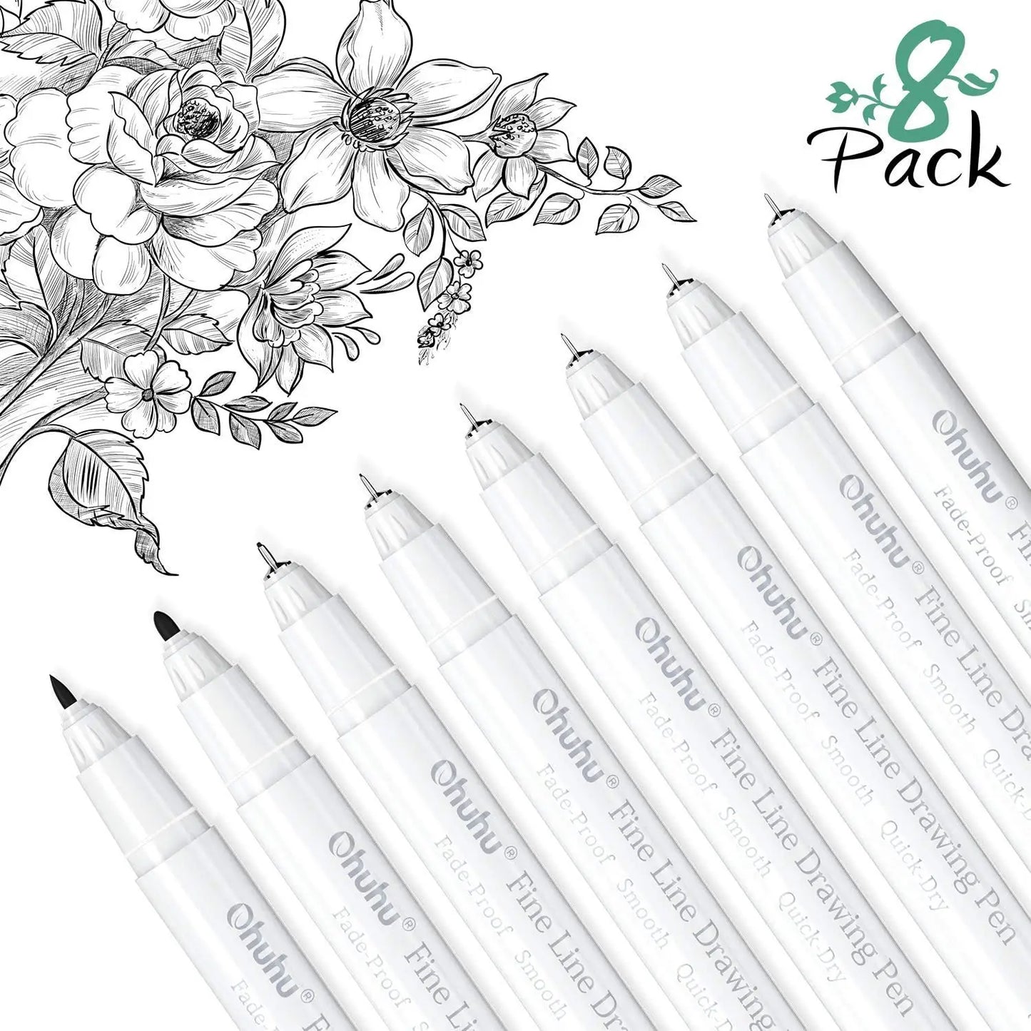 Ohuhu Micro Pen Fineliner Drawing Pens 8 Pack Line Pens Art Colored Pens Fine Point Markers Waterproof Writing Sketching Manga