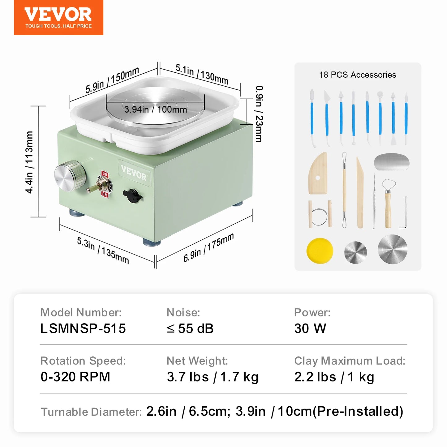 SucceBuy Mini Pottery Wheel 0-320RPM Adjustable Speed Detachable Basin 2.56in/3.94in 2 Turntable for ArtCraft Work Home DIY White