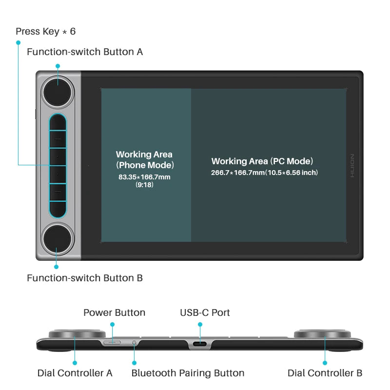 Wireless Graphics Tablet HUION Inspiroy Dial 2 Q630M Bluetooth 5.0 Mode Drawing Tablets Support Linux Chrome MacOS Android Phone