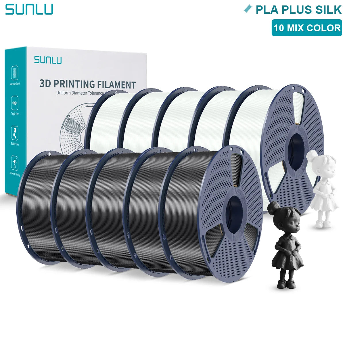 SUNLU Pla Plus Silk 3D Filament 1.75mm Smooth Surface Multicolor PLA+ Shiny Silk Filament for Most FDM 3D Printer 10KG