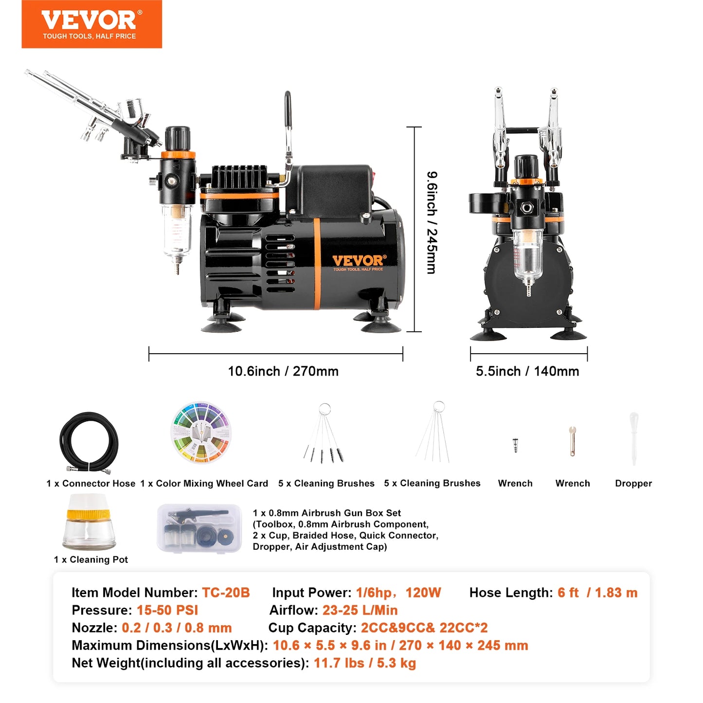 VEVOR Airbrush Kit, Dual Fan Air Compressor Professional Airbrushing System Kit with Airbrushes Mixing Wheel Cleaning Brush Set
