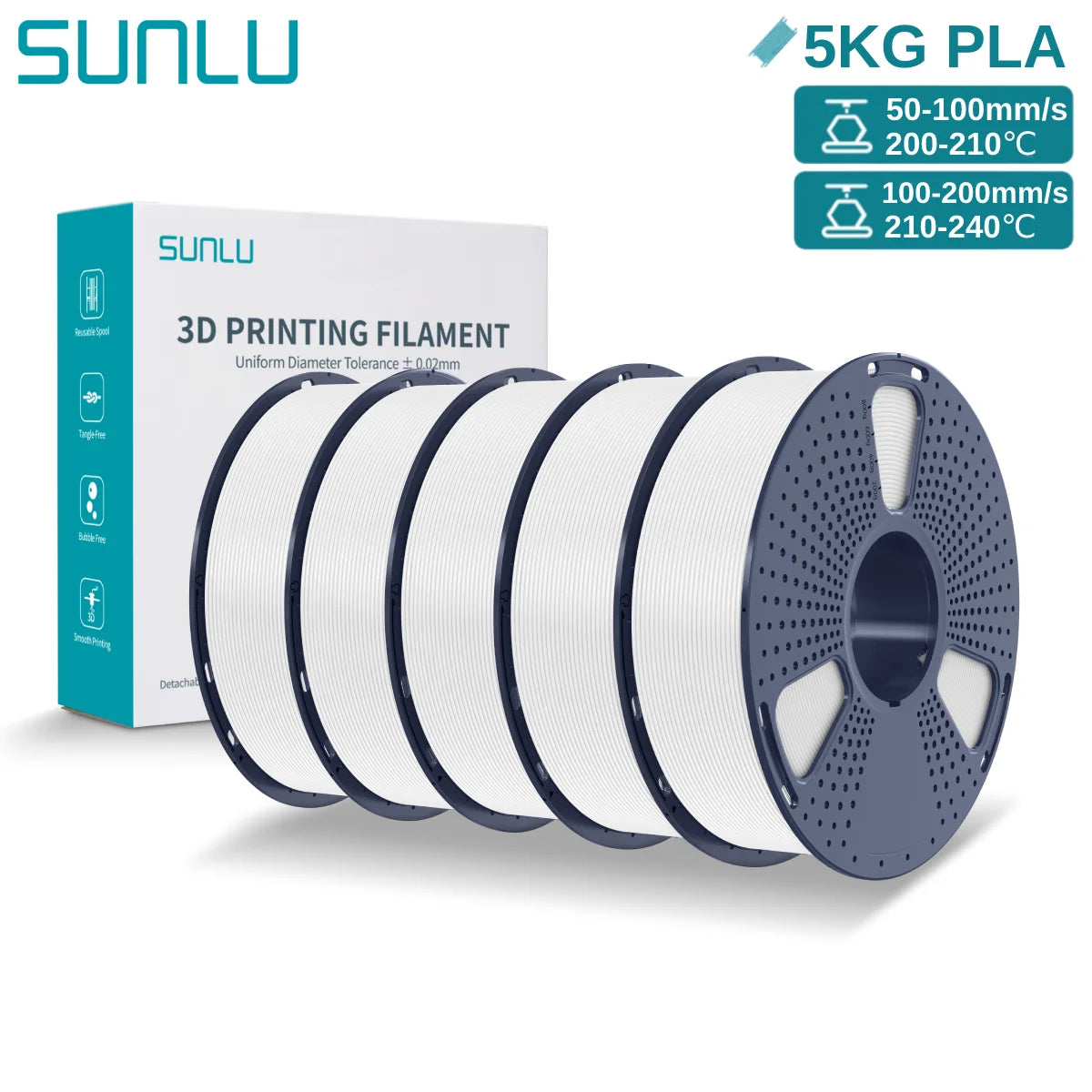 SUNLU 3D PLA Filament 1.75mm 5KG Multicolor Neatly Wound PLA Plastic 3D Filaments with Reusable Spool for Most FDM 3D Printer