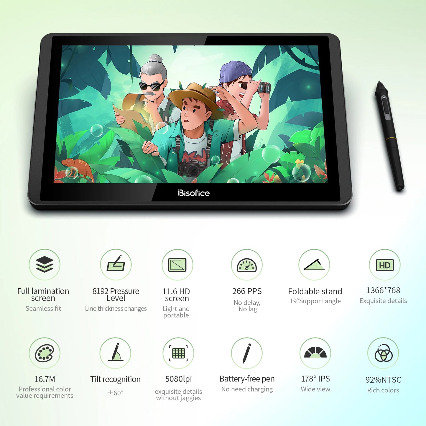 Bisofice 12HD-A H-IPS LCD Graphics Drawing Tablet Monitor 11.6 Inch Size 1366x768 Display 8192 Pressure Level Passive Technology