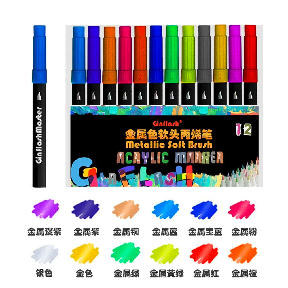Ginflash Soft Brush Acrylic Markers Liner Multifunction Highlighter Waterproof Paint Marker Pen art set nail metallic glitter