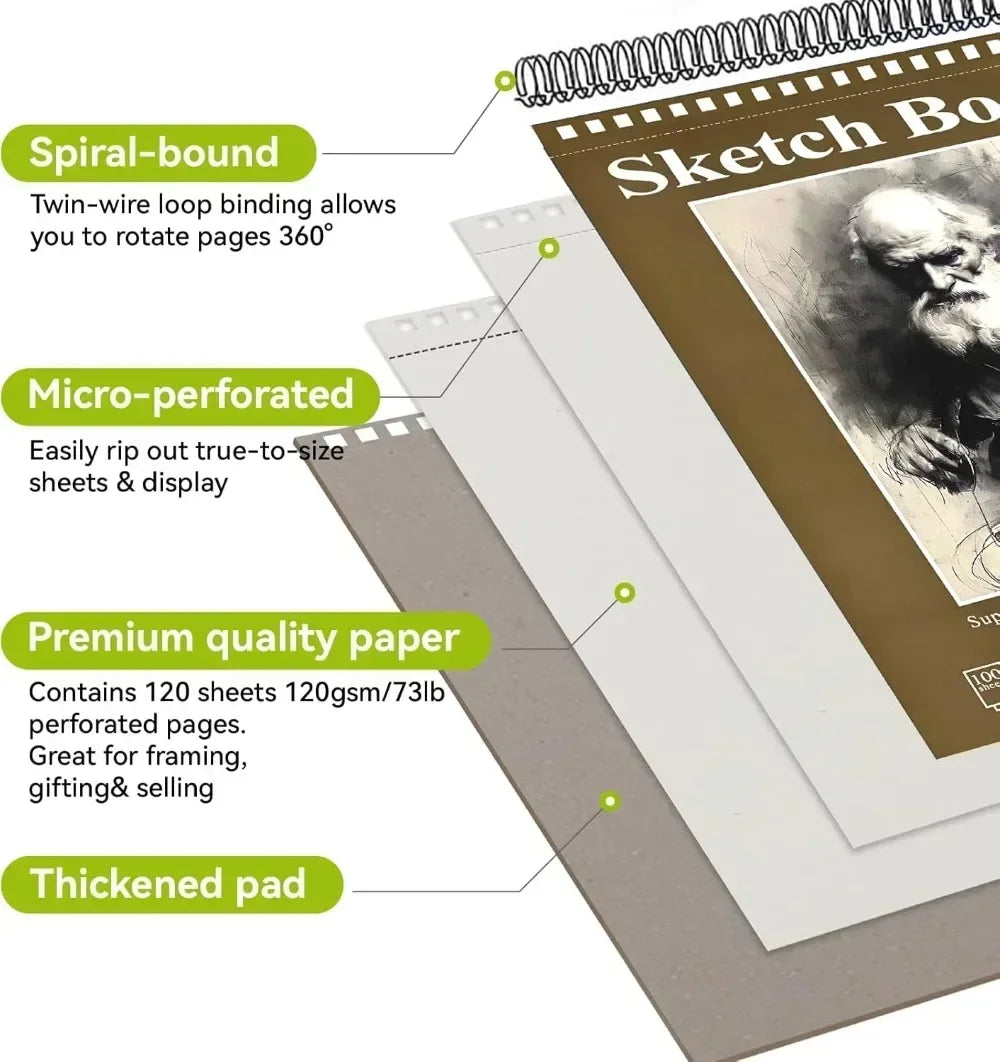 Sketchbook - 9"x12" spiral bound drawing board, 1 pack of 100 sheets, acid-free paper