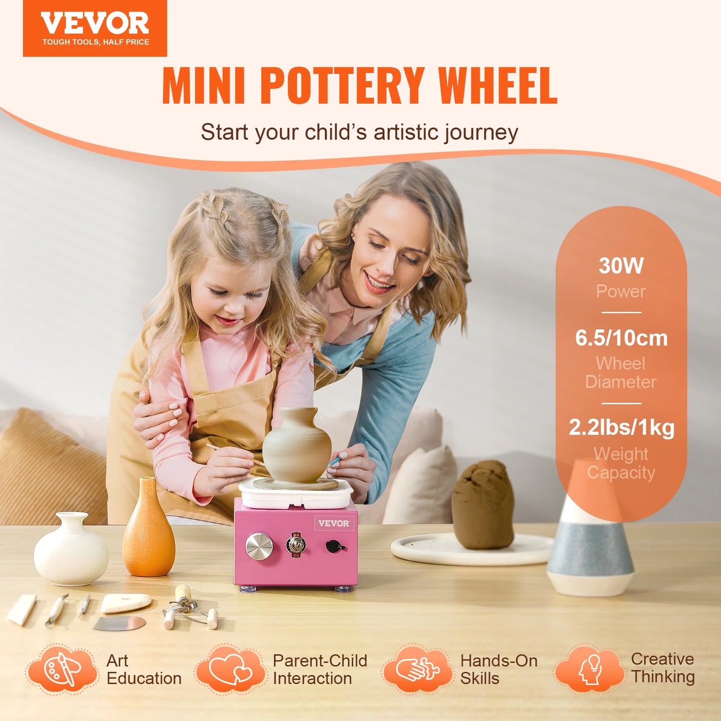 SucceBuy Mini Pottery Wheel 0-320RPM Adjustable Speed Detachable Basin 2.56in/3.94in 2 Turntable for ArtCraft Work Home DIY White