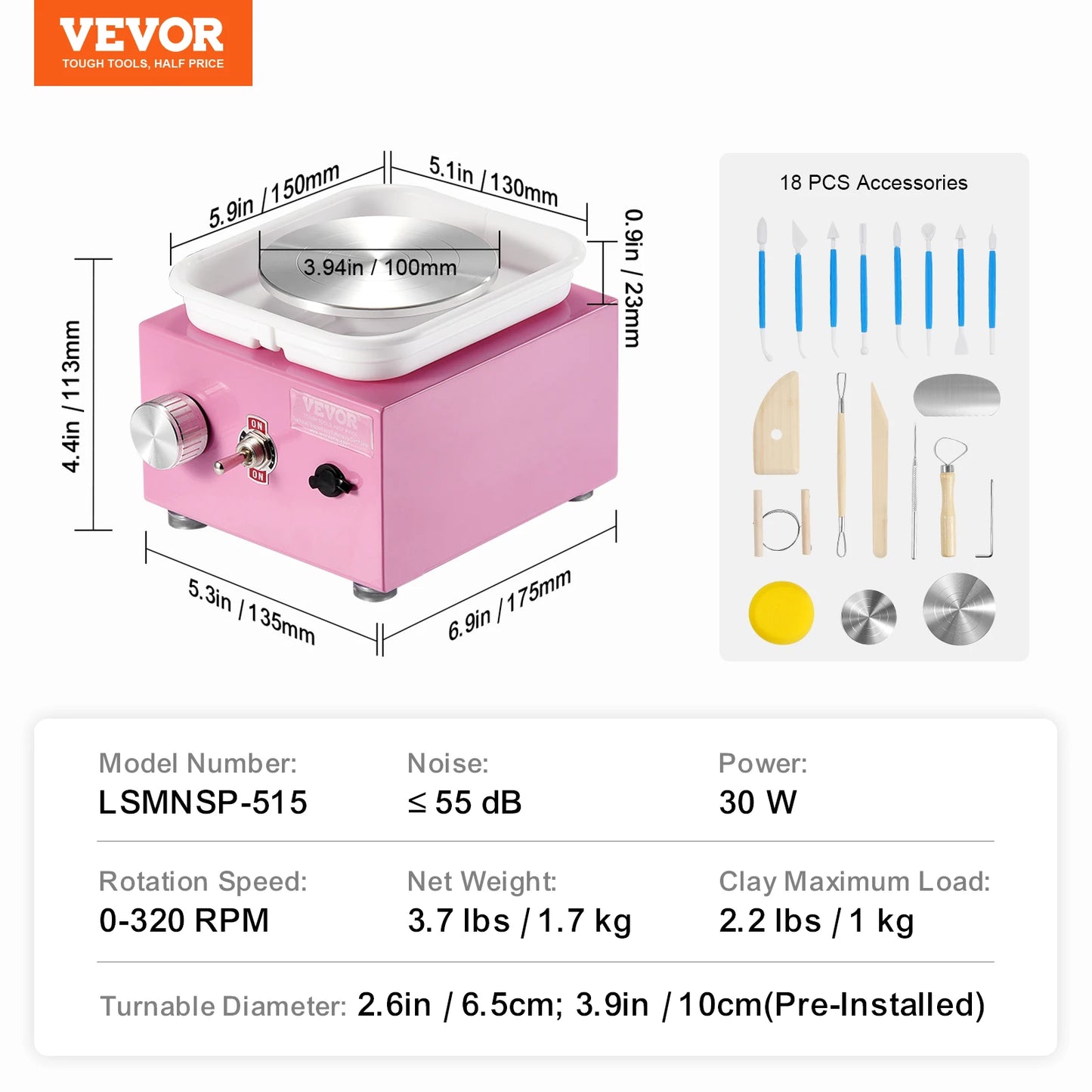 SucceBuy Mini Pottery Wheel 0-320RPM Adjustable Speed Detachable Basin 2.56in/3.94in 2 Turntable for ArtCraft Work Home DIY White