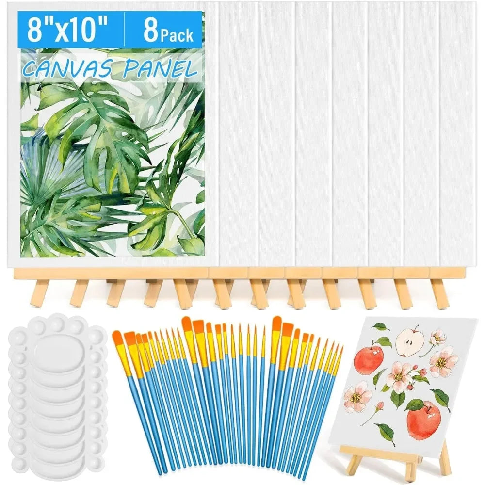 8 x 10 inch canvas board with wooden easel, paint brush canvas panel painting kit for beginners art craft