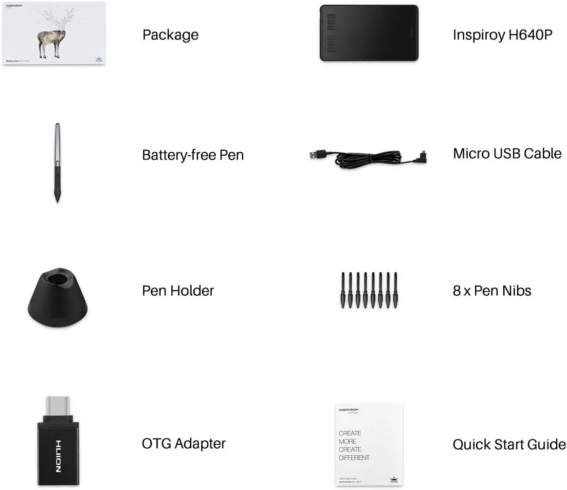 HUION H640P Drawing Graphics Tablets with 6 Press Keys Battery-Free Pen Tablet 8192 Levels Pressure Android Phone OTG Connection