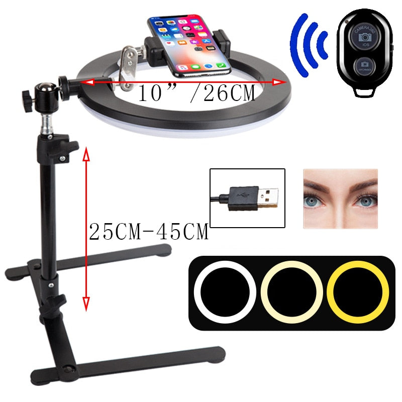 Video Youtube Fill Ring Light Lamp Live COOK 26CM Photography Lighting Phone Ringlight Tripod Stand Photo Led Selfie Remote