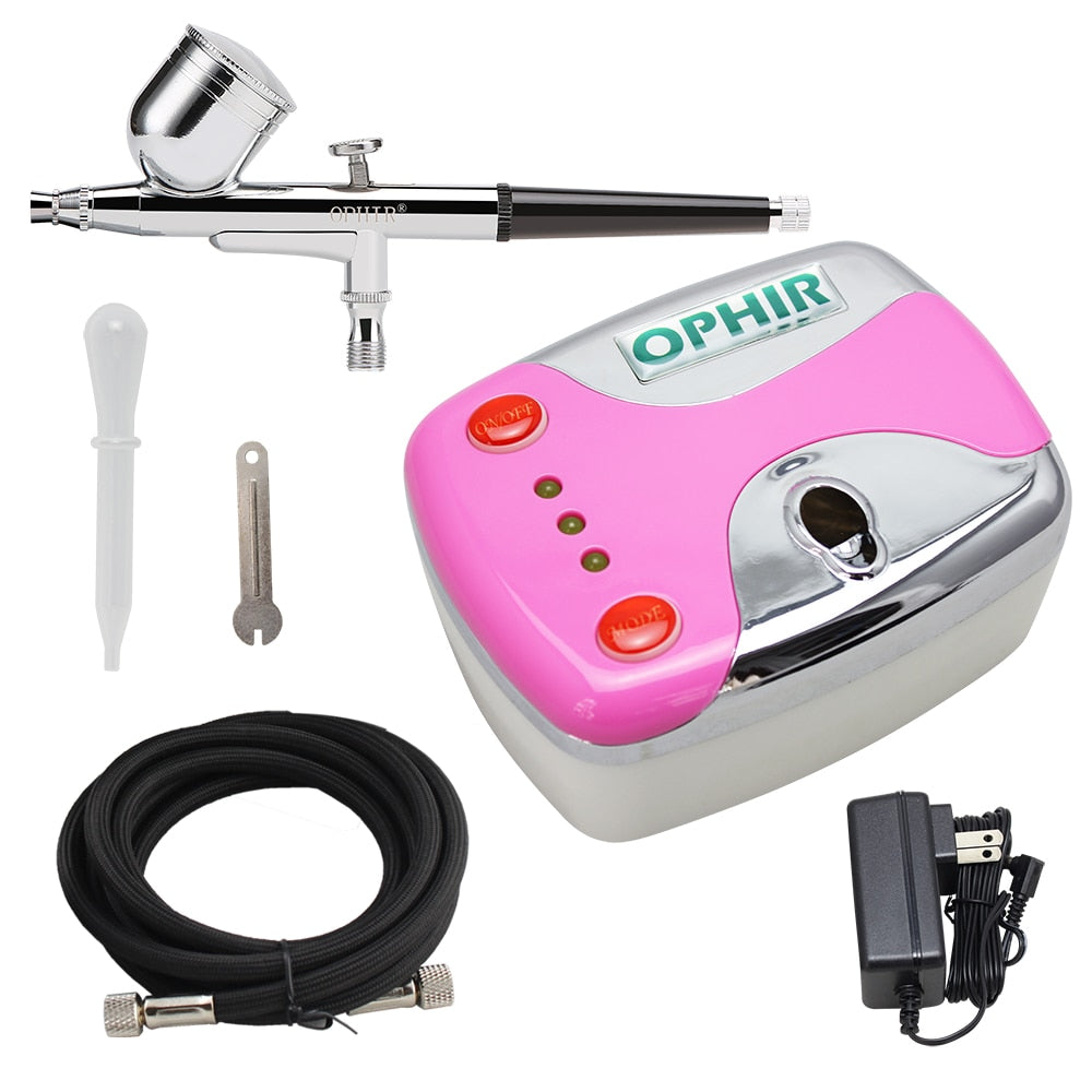 OPHIR Pro 0.3mm Dual Action Airbrush Kit with Compressor for Nail Art Makeup Body Paint Cake Decorating Airbrush Set_AC002+AC004