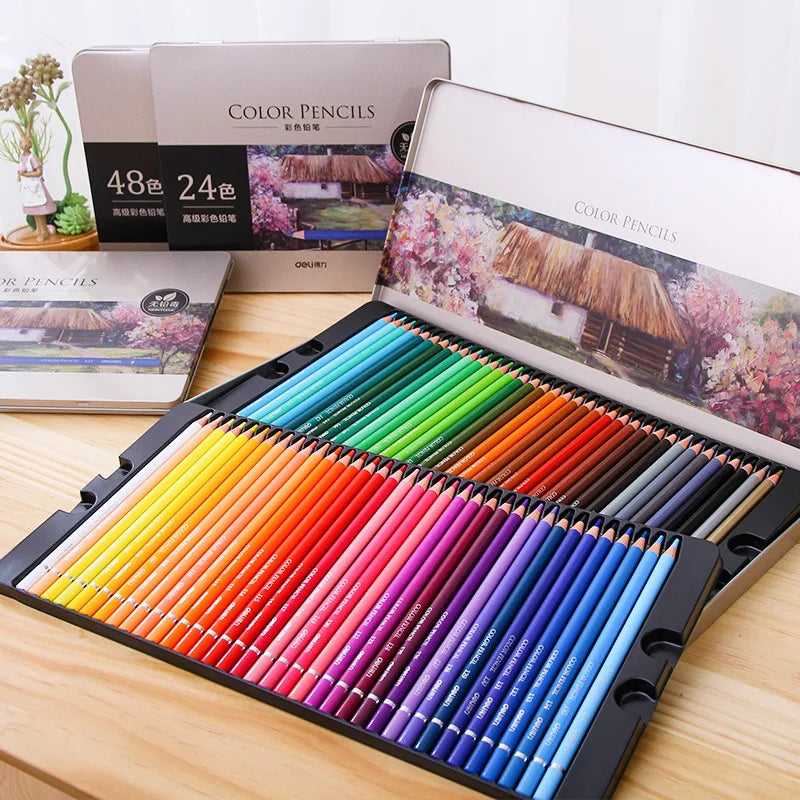 DELI Colored Pencil 24 - 72 Color Pencil Set Iron Box Packing Gift Coloured Colouring Pencil for Drawing