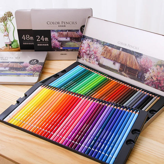 DELI Colored Pencil 24 - 72 Color Pencil Set Iron Box Packing Gift Coloured Colouring Pencil for Drawing