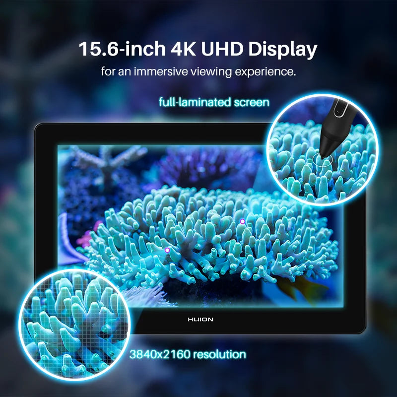 HUION 15.6 Inch Kamvas Pro 16 Plus 4K Graphic Tablet Display with UHD 145% sRGB 8192 levels Battery-free Pen&Tilt Function Drawi