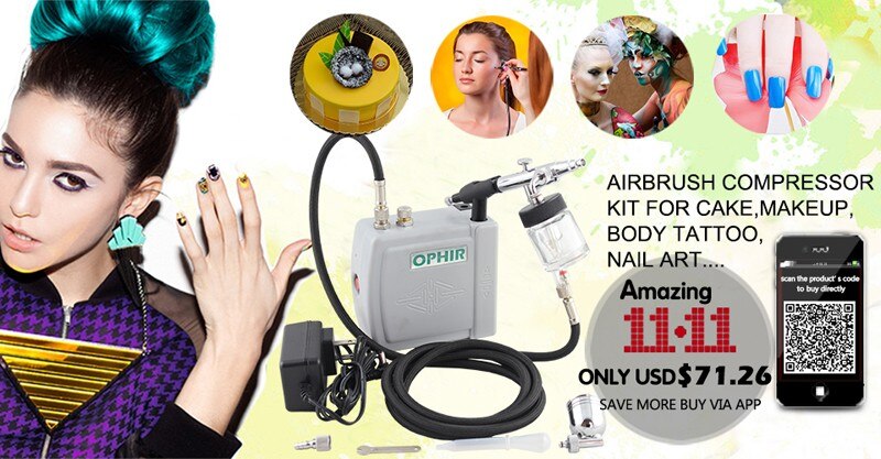 OPHIR 0.3mm Single Action Airbrush Kit with Mini Air Compressor for Temporary Tattoo Nail Art Makeup Air Brush Set _AC094+007