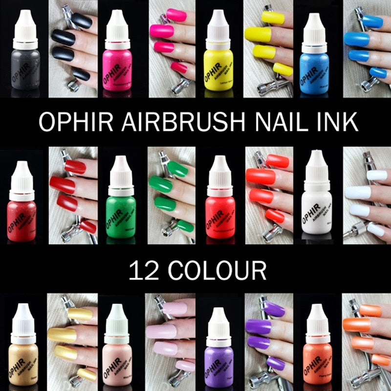 OPHIR Airbrush Nail Art Set 0.3mm Airbrush Kit with Air Compressor 12 Color Inks 20x Stencils Brush &amp; Bag Nail Tool _OP-NA001