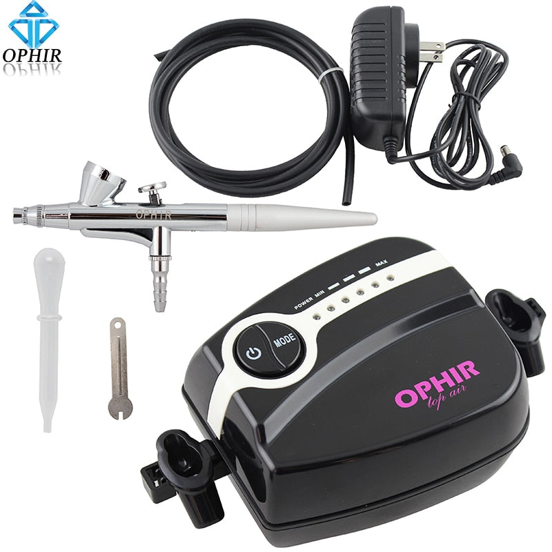 OPHIR 0.3mm Single Action Airbrush Kit with Mini Air Compressor for Temporary Tattoo Nail Art Makeup Air Brush Set _AC094+007