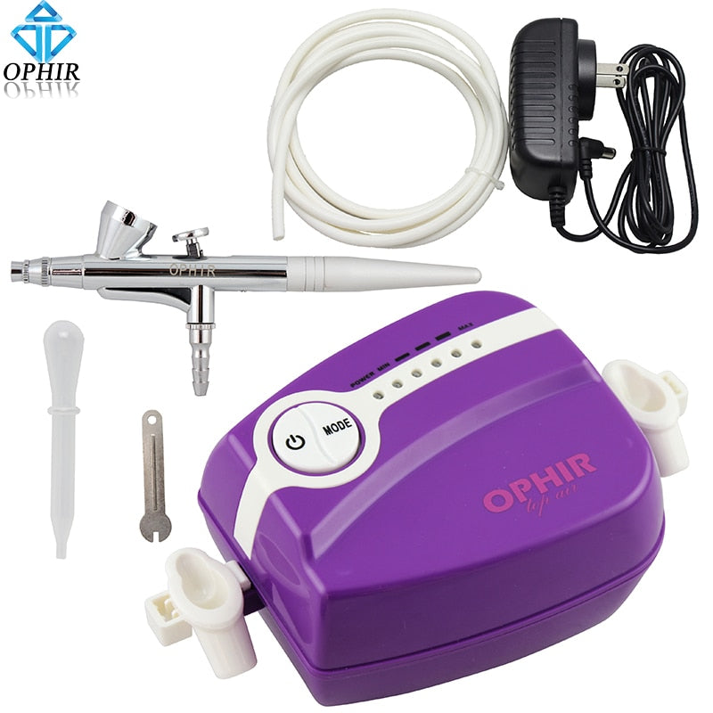 OPHIR 0.3mm Single Action Airbrush Kit with Mini Air Compressor for Temporary Tattoo Nail Art Makeup Air Brush Set _AC094+007