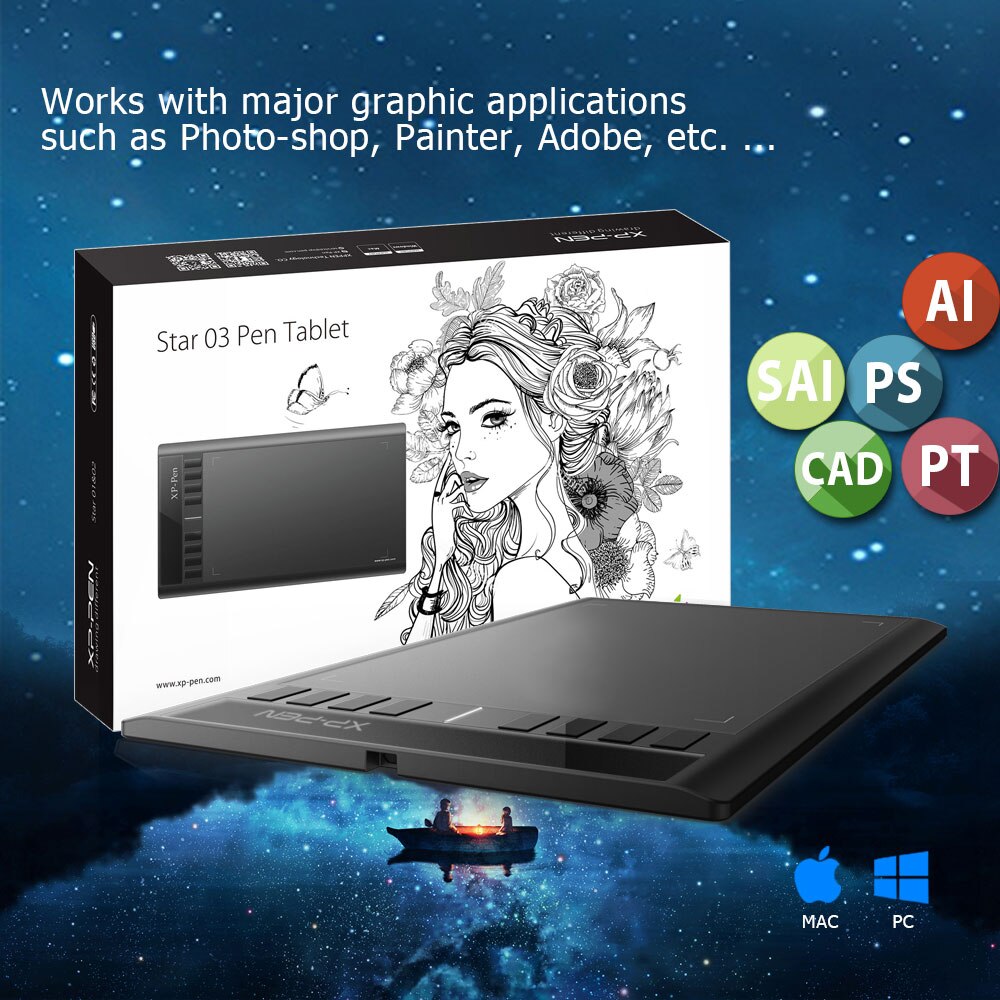 XPPen Star03 V2 Digital Drawing Tablet 10*6 Inch Graphics Tablet with 8 Express Keys 8192 Pressure Levels for Windows Mac