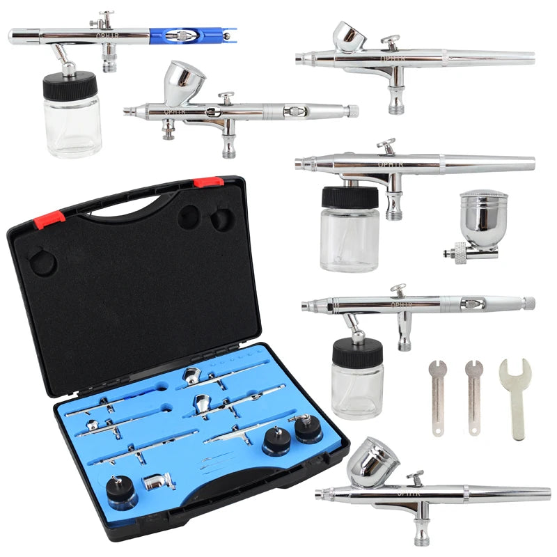 OPHIR 6pcs Dual Action Airbrush Set Kits with 0.2mm,0.3mm,0.35mm,0.5mm Tips Spray Gun for Model Painting Body Paint_AC048