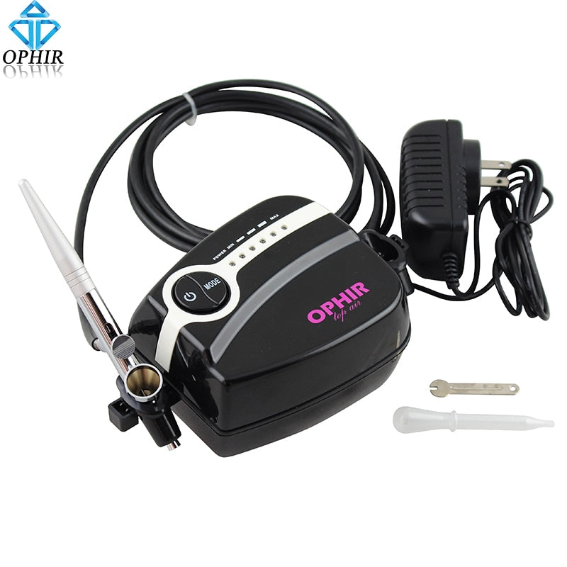 OPHIR 0.3mm Single Action Airbrush Kit with Mini Air Compressor for Temporary Tattoo Nail Art Makeup Air Brush Set _AC094+007