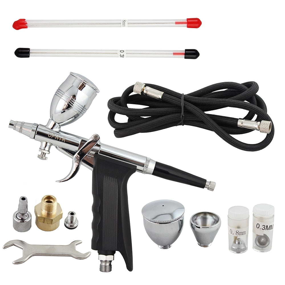 OPHIR Dual Action Spray Gun &amp; Air Compressor with Tank Touch-Up Auto Paint Sprayer Airbrush Kit for Craftwork Body Art AC115+069