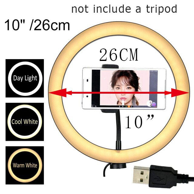 Video Youtube Fill Ring Light Lamp Live COOK 26CM Photography Lighting Phone Ringlight Tripod Stand Photo Led Selfie Remote