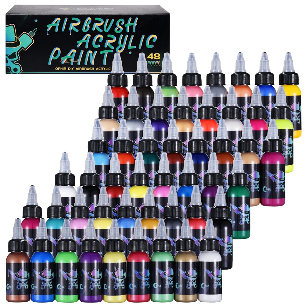 OPHIR 48 Colors Airbrush Acrylic Paint Set DIY Pigment Ink Kit for Model Shoes Leather Painting Craft Supply 30ML/Bottle TA005