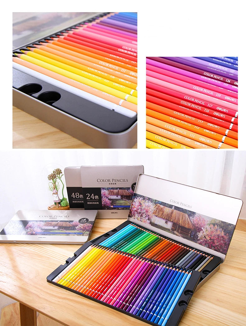 DELI Colored Pencil 24 - 72 Color Pencil Set Iron Box Packing Gift Coloured Colouring Pencil for Drawing