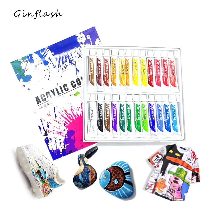 Ginflash 24Colors 12ML /Tube Acrylic Paints Set Wall DIY Art Painting Fabric Drawing Set Waterproof Paint Brush Palette