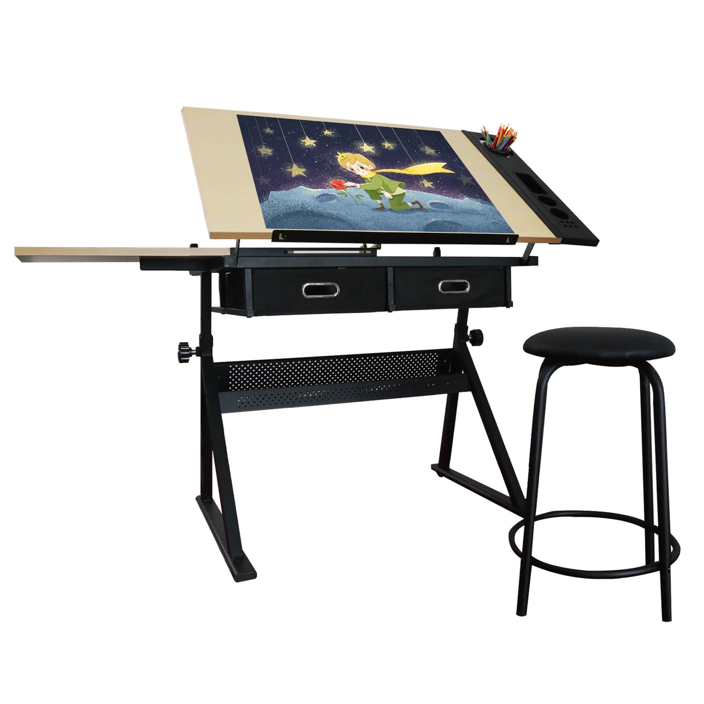 Height Adjustable Drawing Table with Storage Drawers and Stool 47-55x23.6x28-36Inch Yellow[US-Stock]