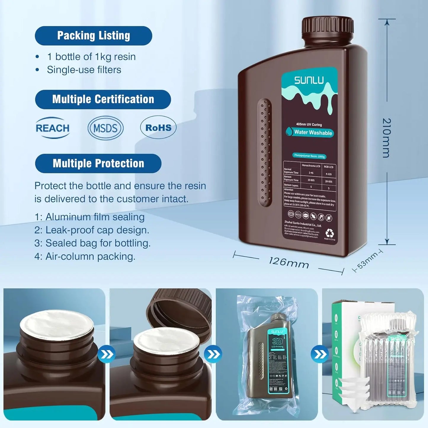 SUNLU 10KG Water Washable / Water Washable ABS Resin 1000G/Bottle 405nm Rapid UV-Curing Photopolymer Resin For LCD 3D Print