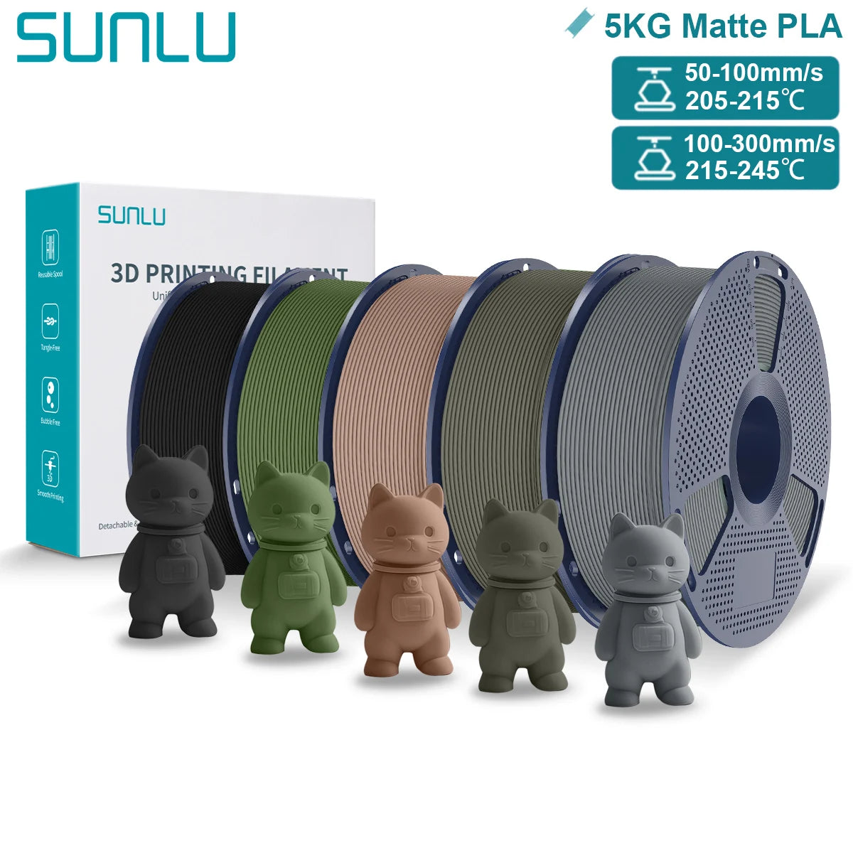SUNLU Matte PLA 3D Filament 1.75mm Neatly Wound Easy to Use Colorful PLA Matte Surface for Most FDM Printer 3D Printing Material