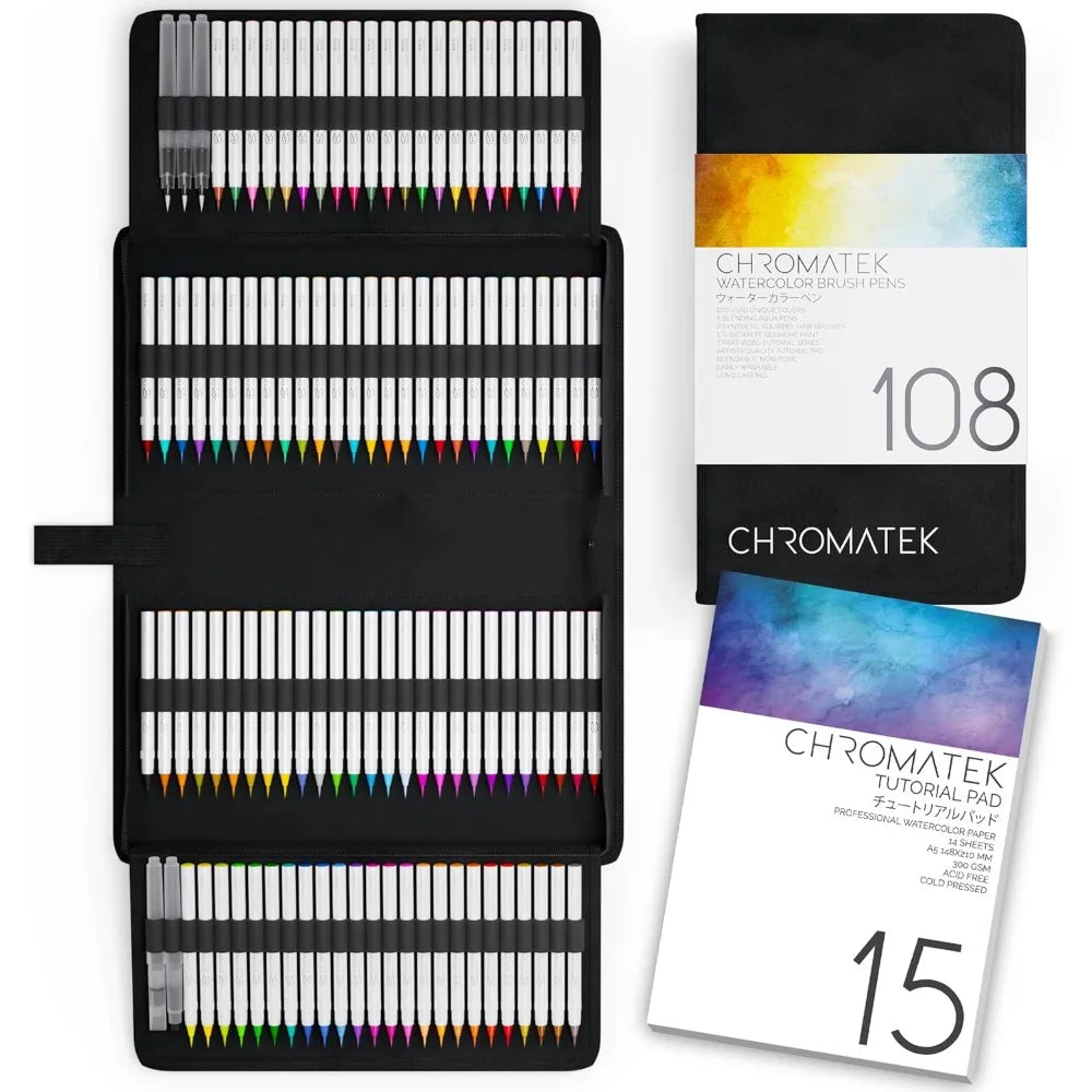 108 Watercolor Pens Set | Including 15 Page Pad & Online Video Tutorial Series | 5 Aquapens & 100 Unique Colors