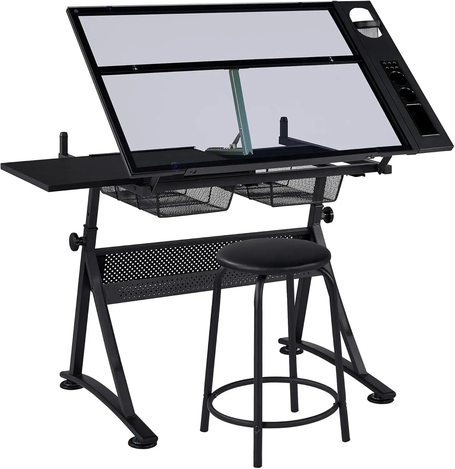 Drafting Table w/Stool Height Adjustable Multifunctional Art Craft Artists Desk Tilting Glass Tabletop Diamond Paintings
