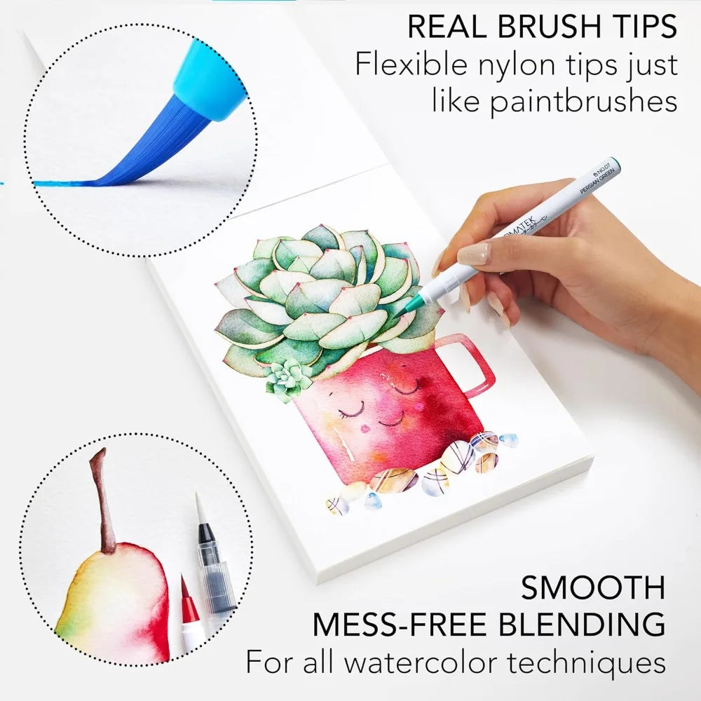 108 Watercolor Pens Set | Including 15 Page Pad & Online Video Tutorial Series | 5 Aquapens & 100 Unique Colors