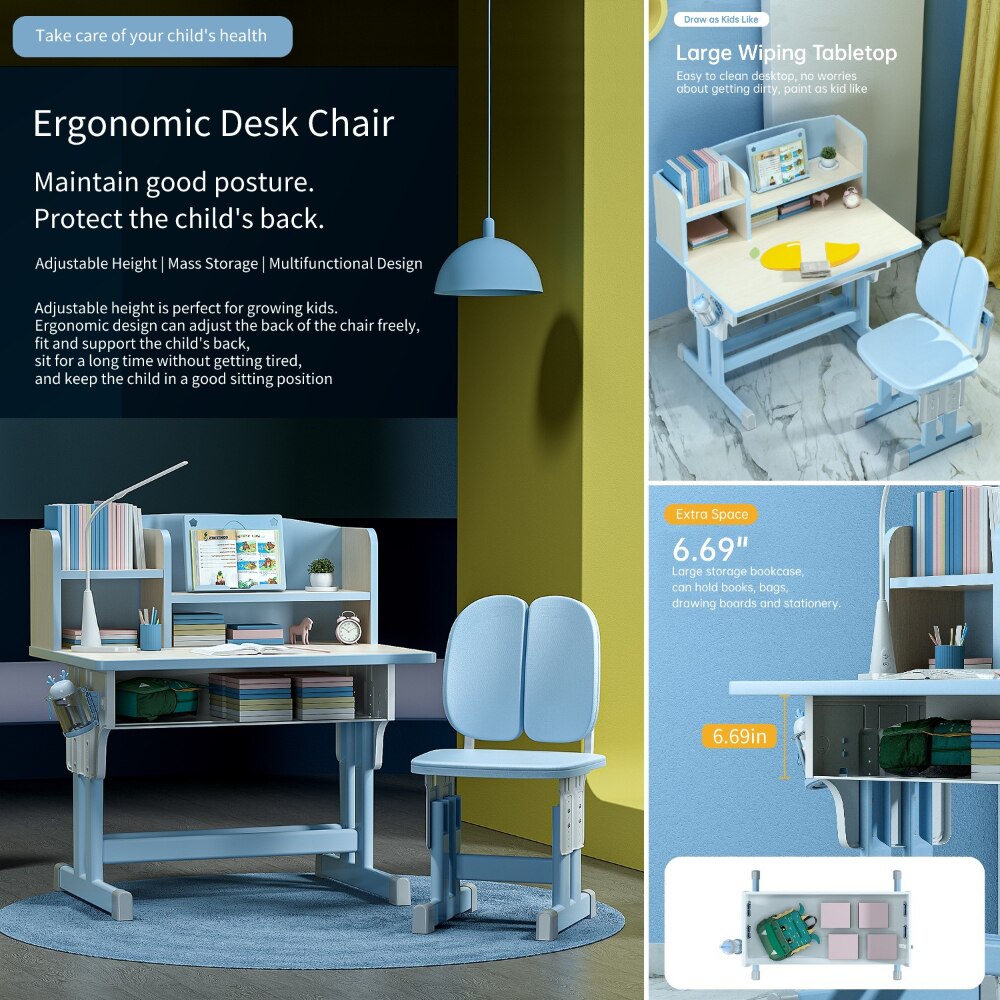 Kids Desk and Chair Set Height Adjustable, Children School Writing Study Table for Kids Computer Office Desk with Drawers