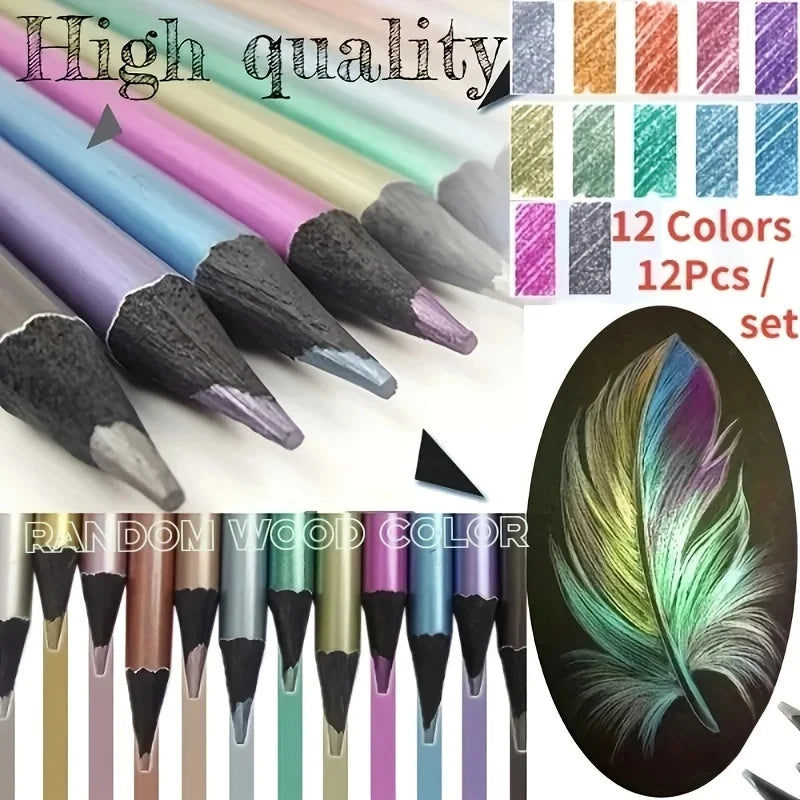 12 Color Metallic Colored Pencils Drawing Sketching Painting Set Coloring Colour Pencils Profession Art Supplies For Artist