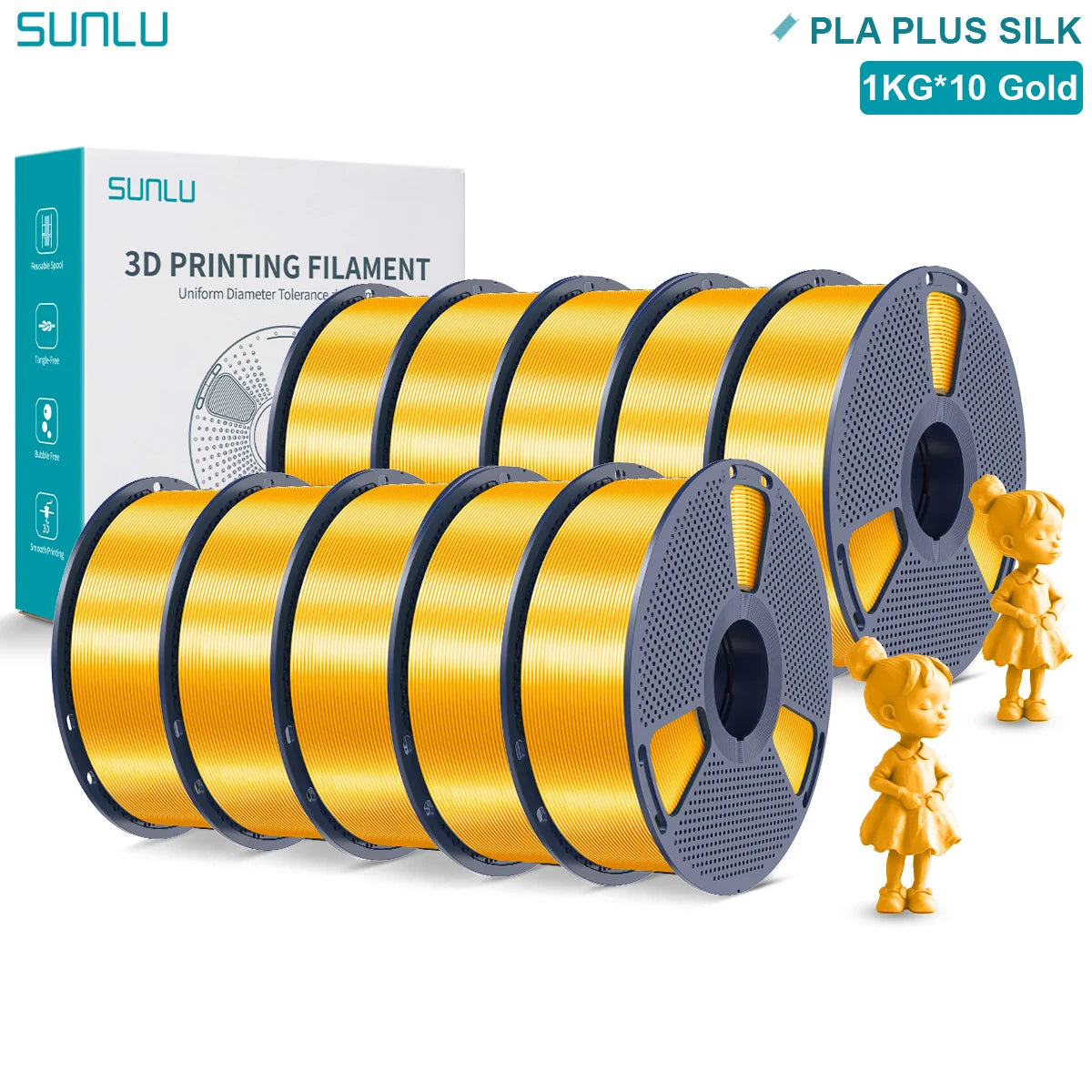 SUNLU Pla Plus Silk 3D Filament 1.75mm Smooth Surface Multicolor PLA+ Shiny Silk Filament for Most FDM 3D Printer 10KG