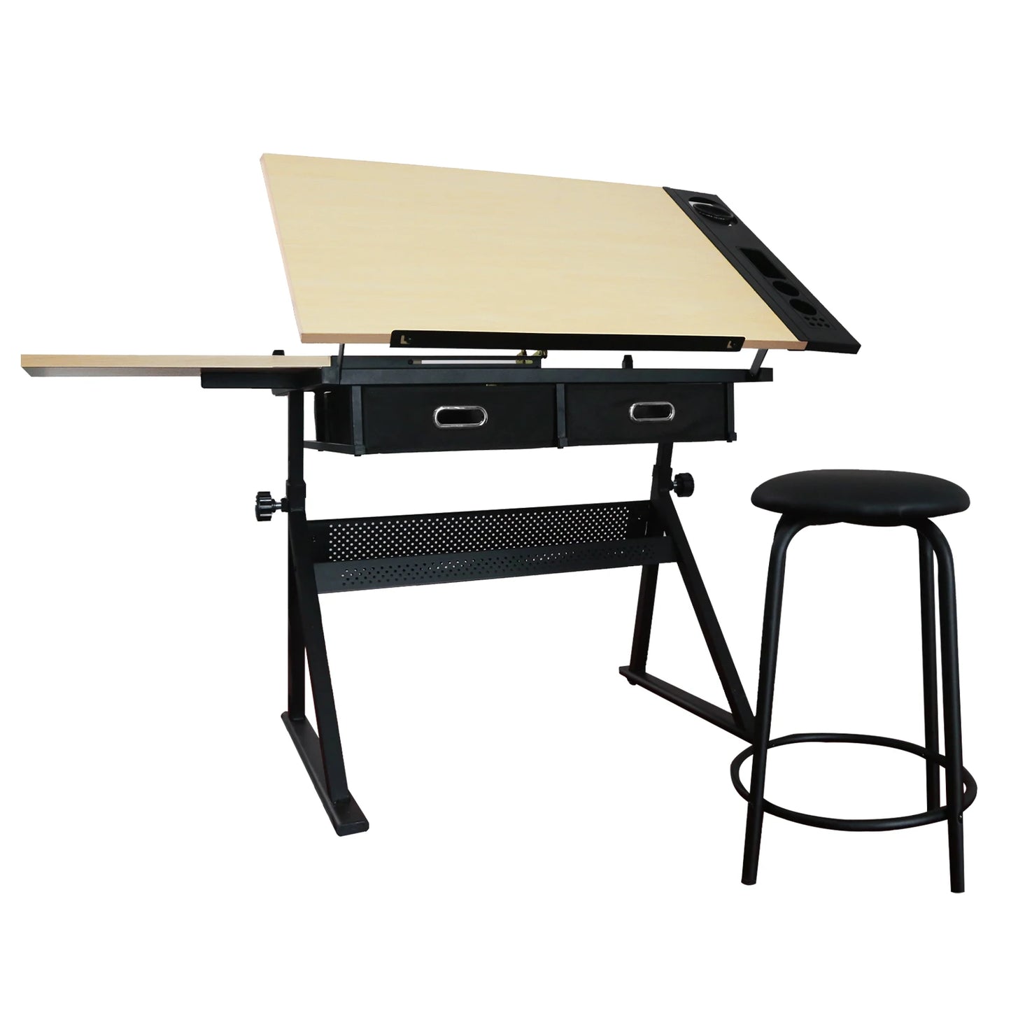 Height Adjustable Drawing Table with Storage Drawers and Stool 47-55x23.6x28-36Inch Yellow[US-Stock]