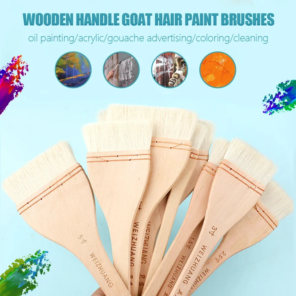 Wooden Handle Goat Hair Paint Brushes Smooth Sanding for Wall 10 Sizes Watercolor, Acrylic, Oil Painting Art Supplies