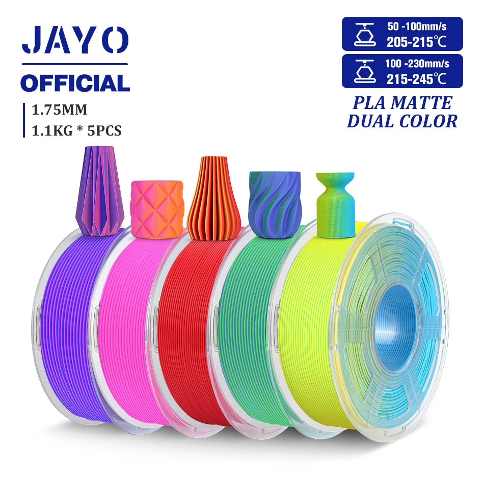 JAYO PLA Matte Dual Color 3D Filament 1.75mm PLA Matte 3D Printer Filament 5Rolls/Set PLA Filament Smooth Matte Finish