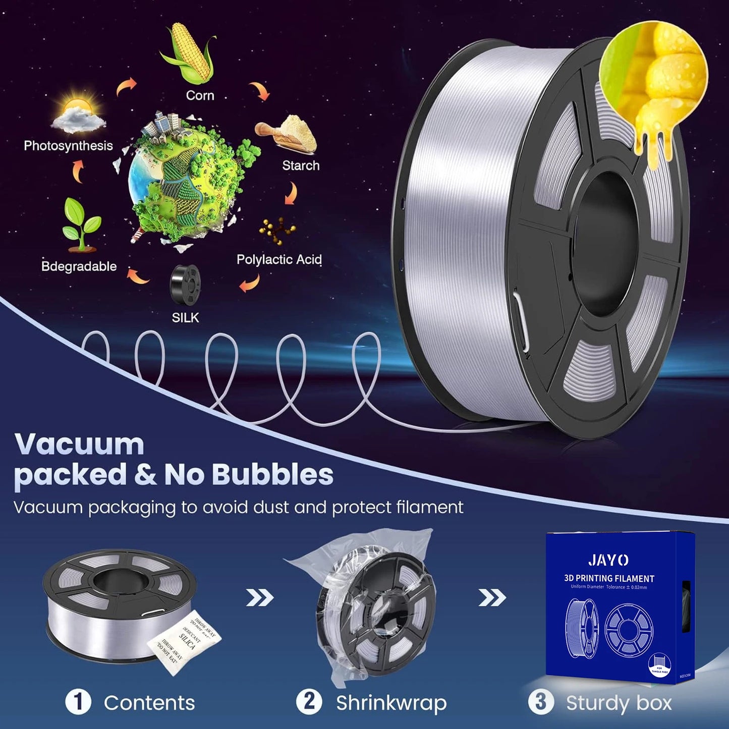 JAYO 3D SILK PLA+ Printer Filament 1.75mm+/-0.02mm  2Rolls SILK 3D Printer Filament Neatly Wound & No bubbles PLA for 3D Printer