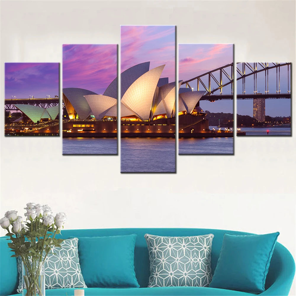 5 Panel Modular Wall Art Home Decoration Accessories Sydney Opera House Picture Aesthetic Room Decor Canvas Painting Photo Frame