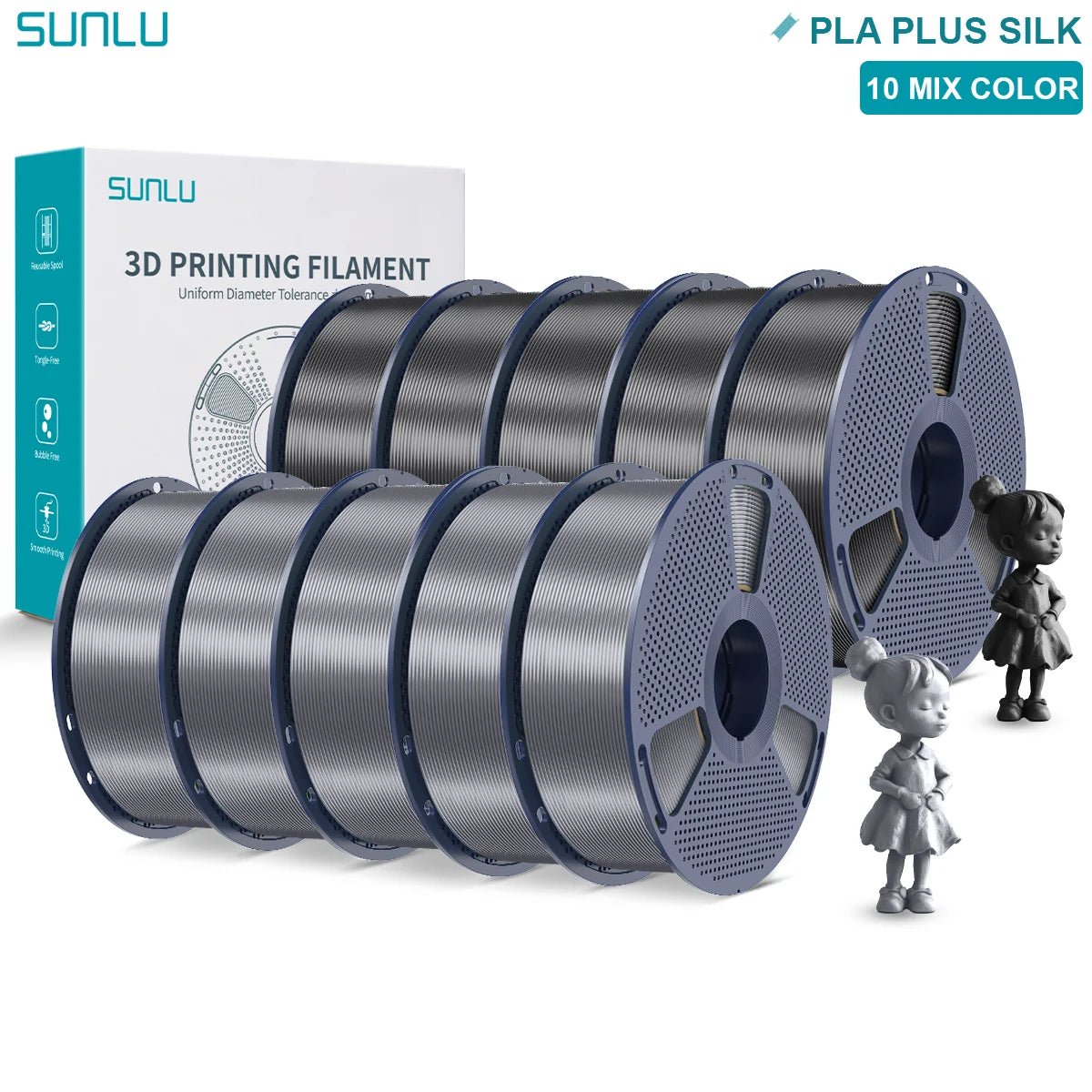 SUNLU Pla Plus Silk 3D Filament 1.75mm Smooth Surface Multicolor PLA+ Shiny Silk Filament for Most FDM 3D Printer 10KG