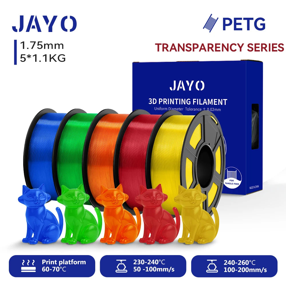 JAYO 3D PETG/PETG Clear 3D Printer Filament 1.75 ±0.02mm 5 /10Rolls High Toughness Neatly Wound Filament Fit Most FDM Printer