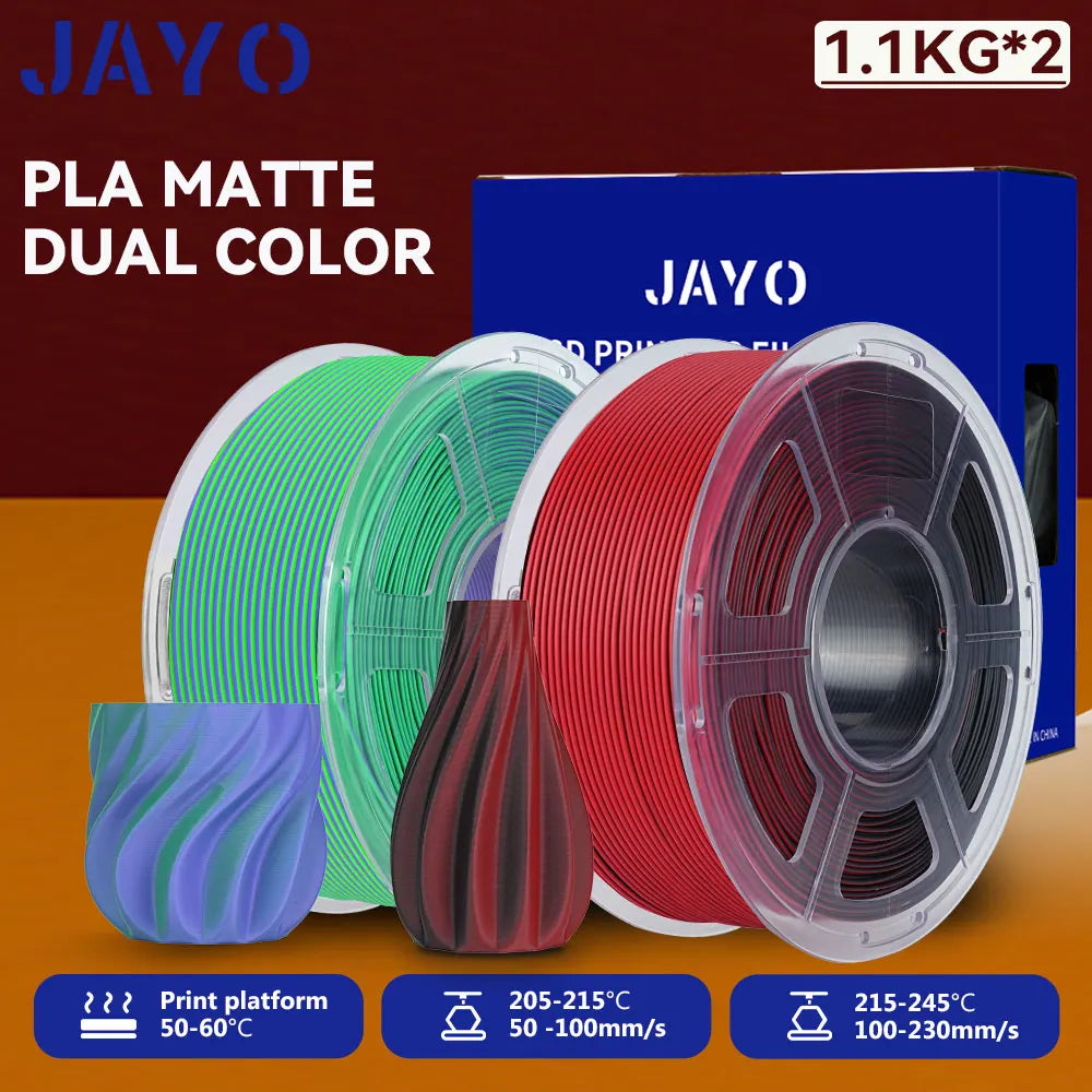 JAYO 2Rolls 3D PLA Matte /Dual Color Matte PLA Printer Filament 1.75mm Neatly Wound & Matte Finish Print with 99% FDM 3D Printer